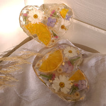 Load image into Gallery viewer, Heart shaped orange slice floral coasters, set of 2, real pressed flower in resin, FDA food safe resin