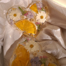 Load image into Gallery viewer, Heart shaped orange slice floral coasters, set of 2, real pressed flower in resin, FDA food safe resin