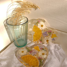 Load image into Gallery viewer, Heart shaped orange slice floral coasters, set of 2, real pressed flower in resin, FDA food safe resin