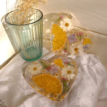 Load image into Gallery viewer, Heart shaped orange slice floral coasters, set of 2, real pressed flower in resin, FDA food safe resin