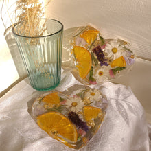 Load image into Gallery viewer, Heart shaped orange slice floral coasters, set of 2 , real pressed flower in resin, FDA food safe resin