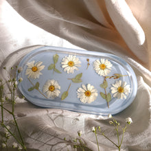 Load image into Gallery viewer, Little Daisy Blue Vanity tray, 7 inches x 3.75 inches, real pressed flower in resin, FDA food safe resin