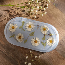 Load image into Gallery viewer, Little Daisy Blue Vanity tray, 7 inches x 3.75 inches, real pressed flower in resin, FDA food safe resin