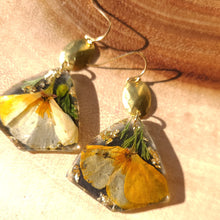 Load image into Gallery viewer, California poppy earrings, real pressed flower in resin, dark background, brass bezel