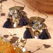 Load image into Gallery viewer, White Blossom Earring, real pressed flower in resin, hammered brass, real jade bezel,bohemian statement earring