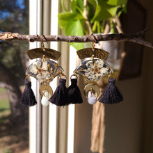 Load image into Gallery viewer, White Blossom Earring, real pressed flower in resin, hammered brass, real jade bezel,bohemian statement earring