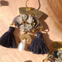 Load image into Gallery viewer, White Blossom Earring, real pressed flower in resin, hammered brass, real jade bezel,bohemian statement earring