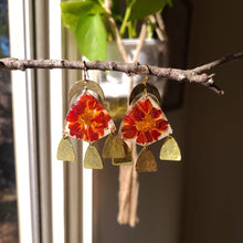 Load image into Gallery viewer, Marigold earrings, real pressed flowers in resin, hmmered brass tassel