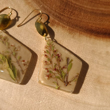 Load image into Gallery viewer, Tea tree earrings, real pressed flower in resin, taupe background