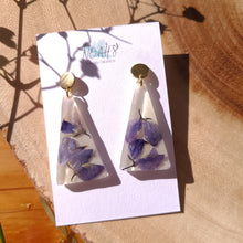 Load image into Gallery viewer, Lupine earrings, gold plated stainless steel posts, real pressed flower in resin