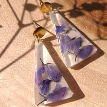 Load image into Gallery viewer, Lupine earrings, gold plated stainless steel posts, real pressed flower in resin
