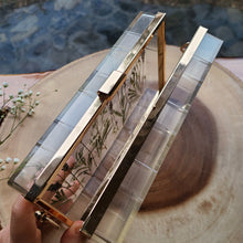 Load image into Gallery viewer, Rectangular Pink Tea-Tree Blossom Clutch, resin clutch, removable golden crossbody chain, 8 inches x 4.5 inches