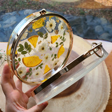 Load image into Gallery viewer, Round California Poppy Clutch, resin clutch, removable golden crossbody chain, 7 inches in diameter