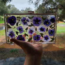 Load image into Gallery viewer, Rectangular Violet Clutch, resin clutch, removable golden crossbody chain, 8 inches x 4.5 inches