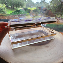 Load image into Gallery viewer, Rectangular Violet Clutch, resin clutch, removable golden crossbody chain, 8 inches x 4.5 inches