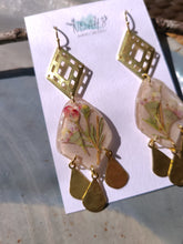 Load image into Gallery viewer, Spring collection-dusty pink blossom, real pressed flower in resin, hammered brass teardrop