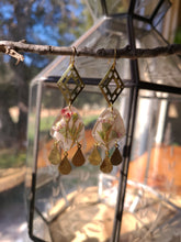 Load image into Gallery viewer, Spring collection-dusty pink blossom, real pressed flower in resin, hammered brass teardrop