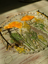 Load image into Gallery viewer, Poppy Garden Tray, charcuterie board, 9.5 inches in diameter , metal twig handle, made with FDA food safe resin