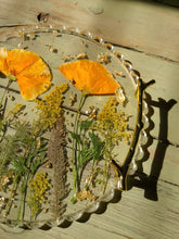 Load image into Gallery viewer, Poppy Garden Tray, charcuterie board, 9.5 inches in diameter , metal twig handle, made with FDA food safe resin