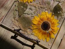 Load image into Gallery viewer, Sunflower Tray, charcuterie board,12 inches x 10 inches, metal twig handle, made with FDA food safe resin