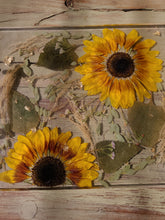Load image into Gallery viewer, Sunflower Tray, charcuterie board,12 inches x 10 inches, metal twig handle, made with FDA food safe resin