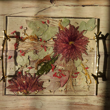 Load image into Gallery viewer, Vintage Red Chrysanthemum Tray, charcuterie board,12 inches x 10 inches, metal twig handle, made with FDA food safe resin