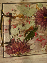 Load image into Gallery viewer, Vintage Red Chrysanthemum Tray, charcuterie board,12 inches x 10 inches, metal twig handle, made with FDA food safe resin