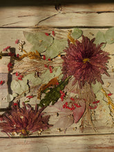 Load image into Gallery viewer, Vintage Red Chrysanthemum Tray, charcuterie board,12 inches x 10 inches, metal twig handle, made with FDA food safe resin