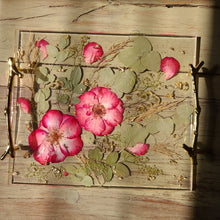Load image into Gallery viewer, Rose Tray, charcuterie board,12 inches x 10 inches, metal twig handle, made with FDA food safe resin