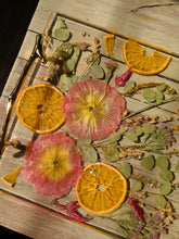 Load image into Gallery viewer, Strawberry Orange Drop Tray, charcuterie board,12 inches x 10 inches, metal twig handle, made with FDA food safe resin