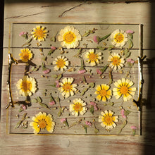 Load image into Gallery viewer, Yellow Daisy Tray, charcuterie board,12 inches x 10 inches, metal twig handle, made with FDA food safe resin