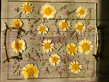 Load image into Gallery viewer, Yellow Daisy Tray, charcuterie board,12 inches x 10 inches, metal twig handle, made with FDA food safe resin