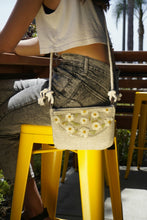 Load image into Gallery viewer, Daisy crossbody bag, 8.25 inches x 6.25 inches daily bag, adjustable/removable straps, magnetic closure, pressed flower in resin, lightweight daily bag