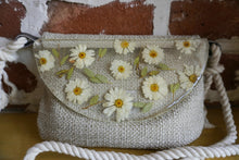 Load image into Gallery viewer, Daisy crossbody bag, 8.25 inches x 6.25 inches daily bag, adjustable/removable straps, magnetic closure, pressed flower in resin, lightweight daily bag