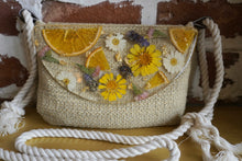Load image into Gallery viewer, Orange Summer Breeze Botanical crossbody bag, 8.25 inches x 6.25 inches daily bag, adjustable/removable straps, magnetic closure, pressed flower in resin, lightweight daily bag
