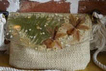 Load image into Gallery viewer, Tropical Orchid Botanical crossbody bag, 8.25 inches x 6.25 inches daily bag, adjustable/removable straps, magnetic closure, pressed flower in resin, lightweight daily bag