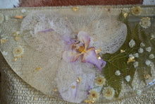 Load image into Gallery viewer, Tropical Orchid Botanical crossbody bag, 8.25 inches x 6.25 inches daily bag, adjustable/removable straps, magnetic closure, pressed flower in resin, lightweight daily bag