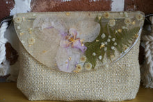 Load image into Gallery viewer, Tropical Orchid Botanical crossbody bag, 8.25 inches x 6.25 inches daily bag, adjustable/removable straps, magnetic closure, pressed flower in resin, lightweight daily bag