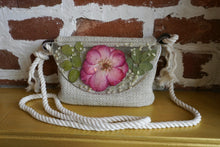 Load image into Gallery viewer, Rose Botanical crossbody bag, 8.25 inches x 6.25 inches daily bag, adjustable/removable straps, magnetic closure, pressed flower in resin, lightweight daily bag