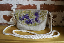 Load image into Gallery viewer, Sweet Pea Botanical crossbody bag, 8.25 inches x 6.25 inches daily bag, adjustable/removable straps, magnetic closure, pressed flower in resin, lightweight daily bag
