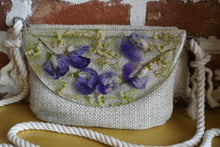 Load image into Gallery viewer, Sweet Pea Botanical crossbody bag, 8.25 inches x 6.25 inches daily bag, adjustable/removable straps, magnetic closure, pressed flower in resin, lightweight daily bag