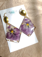 Load image into Gallery viewer, Violet Dangles, real pressed flower in resin, bohemian statement earring
