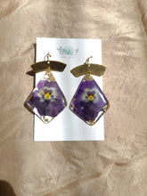 Load image into Gallery viewer, Violet Dangles, real pressed flower in resin, bohemian statement earring