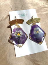 Load image into Gallery viewer, Violet Dangles, real pressed flower in resin, bohemian statement earring