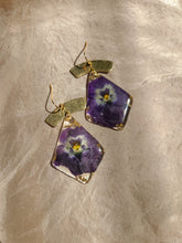Load image into Gallery viewer, Violet Dangles, real pressed flower in resin, bohemian statement earring