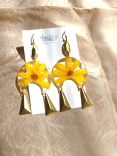 Load image into Gallery viewer, Marigold earrings, real pressed flowers in resin, hammered brass tassel