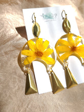 Load image into Gallery viewer, Marigold earrings, real pressed flowers in resin, hammered brass tassel