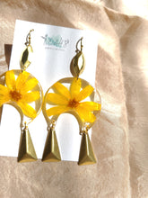Load image into Gallery viewer, Marigold earrings, real pressed flowers in resin, hammered brass tassel