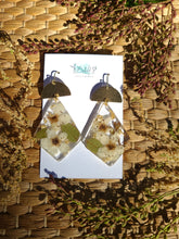 Load image into Gallery viewer, Fall Collection - White Blossom Garden statement dangles, Diamond shape, Hammered brass