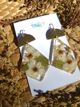 Load image into Gallery viewer, Fall Collection - White Blossom Garden statement dangles, Diamond shape, Hammered brass